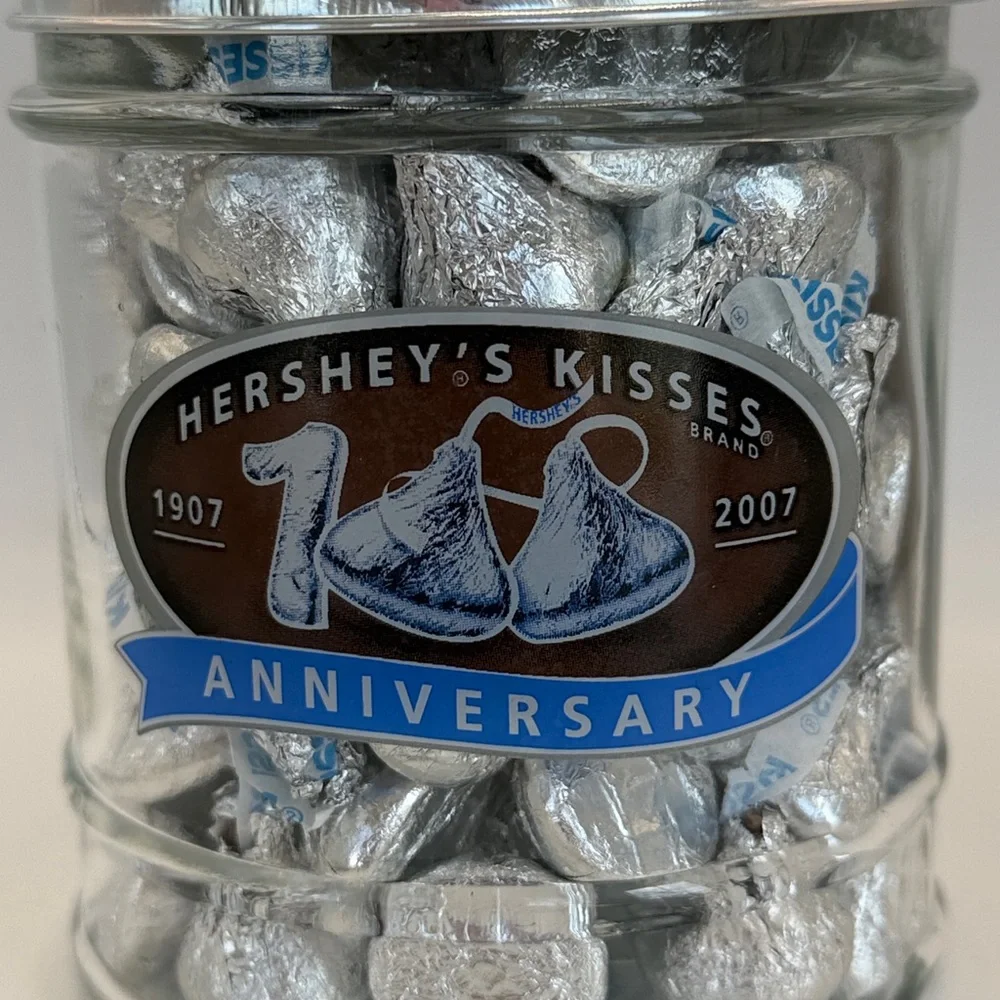 VTG Hershey Kisses Silver Anniversary Jar, 1907-2007, 6”x4”, Filled w Kisses! 😘